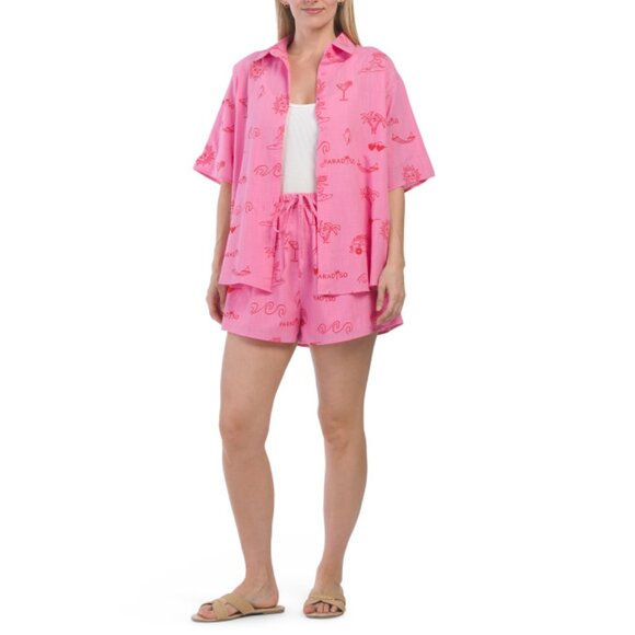 BY FRANKIE Pink/Red Cotton Paradiso Wave Short Set - Picture 1 of 2